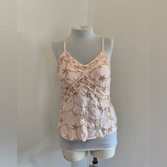 120% Lino Tops - 120% Lino Italy Floral 100% Linen Pink Tank Top embroidered 42 6 metallic corset